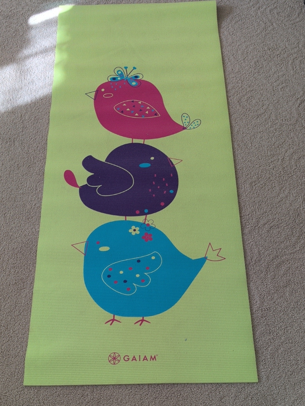 Gaiam Birds Yoga Mat in Lime with Pink, Purple, and Blue Accents